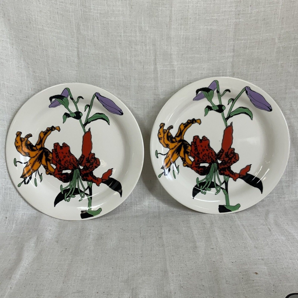 Pair Mikasa‎ Uptrend Tiger Lilies 10 3/4" Dinner Plate Colorful Modern Artsy EUC